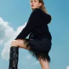 Jupes*TWINSET Milano Mini-jupe En Tissu Bouclé Avec Plumes Bouclé Bleu Denim/Noir