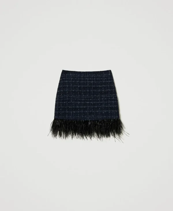 Jupes*TWINSET Milano Mini-jupe En Tissu Bouclé Avec Plumes Bouclé Bleu Denim/Noir