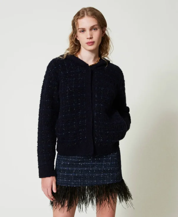 Jupes*TWINSET Milano Mini-jupe En Tissu Bouclé Avec Plumes Bouclé Bleu Denim/Noir