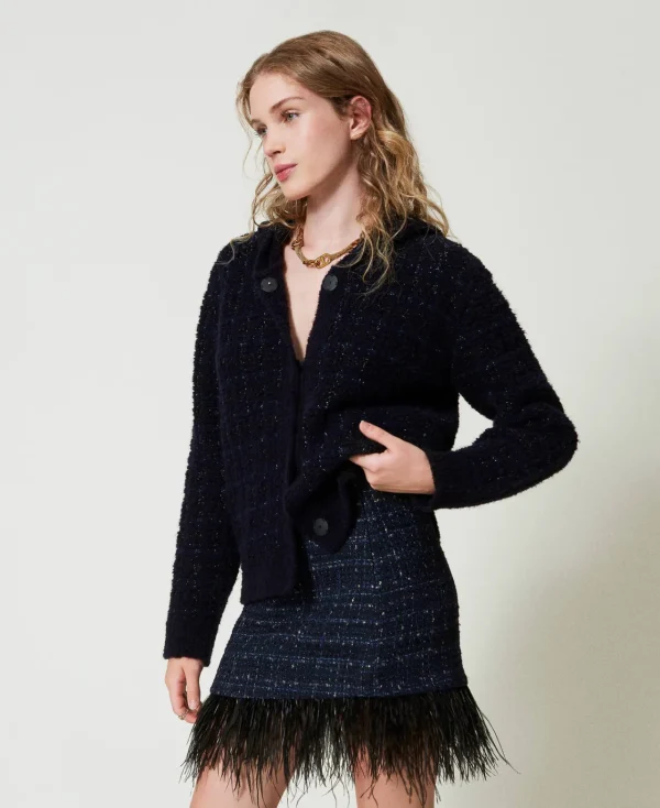 Jupes*TWINSET Milano Mini-jupe En Tissu Bouclé Avec Plumes Bouclé Bleu Denim/Noir