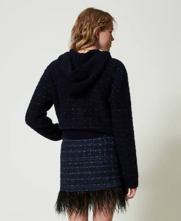 Jupes*TWINSET Milano Mini-jupe En Tissu Bouclé Avec Plumes Bouclé Bleu Denim/Noir