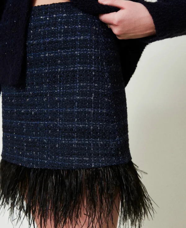 Jupes*TWINSET Milano Mini-jupe En Tissu Bouclé Avec Plumes Bouclé Bleu Denim/Noir
