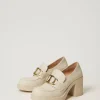 Chaussures À Talons | Escarpins Et Sandales*TWINSET Milano Mocassins à Talon Avec Barrette Oval T Blanc « Old White »