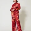 Pantalons Larges Et Palazzo*TWINSET Milano Pantalon Ample En Satin Floral Grandes Fleurs Rouge/Red Plum