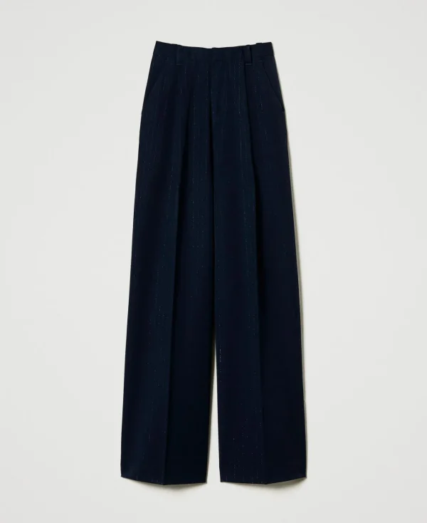 pantalon_ample_ray_avec_l_1.webp Pantalons Élégants | Pantalons Larges Et Palazzo*TWINSET Milano Pantalon Ample Rayé Avec Lurex Indigo Rayure Lurex