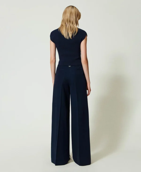 pantalon_ample_ray_avec_l_3.webp Pantalons Élégants | Pantalons Larges Et Palazzo*TWINSET Milano Pantalon Ample Rayé Avec Lurex Indigo Rayure Lurex