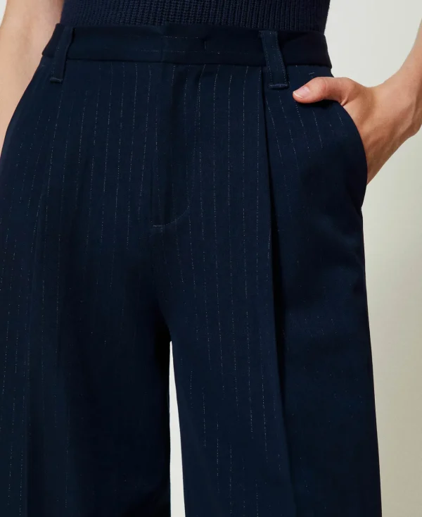pantalon_ample_ray_avec_l_4.webp Pantalons Élégants | Pantalons Larges Et Palazzo*TWINSET Milano Pantalon Ample Rayé Avec Lurex Indigo Rayure Lurex