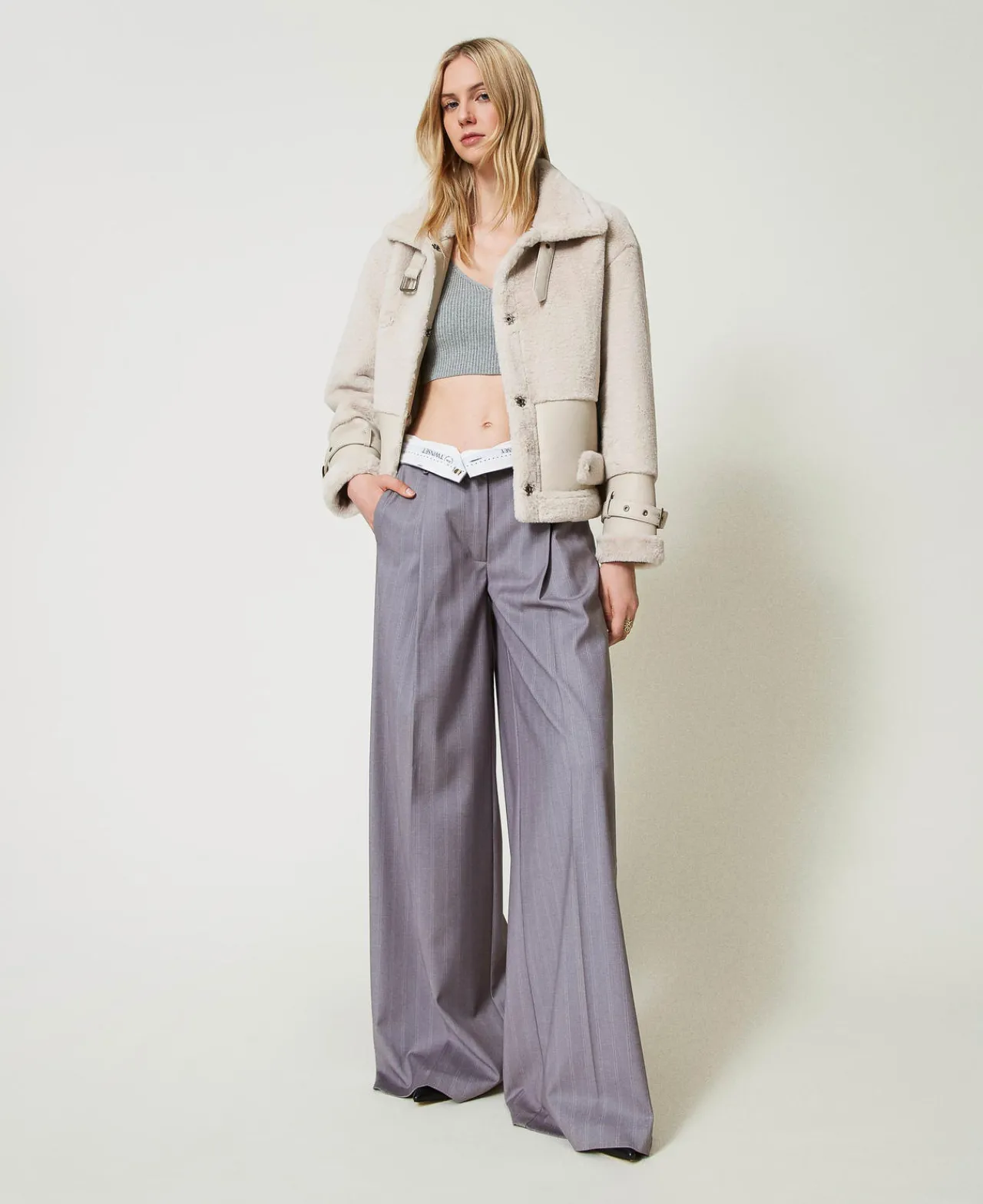 Pantalons Élégants | Pantalons Larges Et Palazzo*TWINSET Milano Pantalon Ample Rayé Avec Revers Gris Chiné Rayure Neige