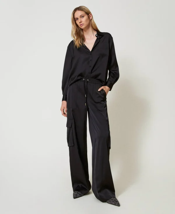 Pantalons Cargo | Pantalons Larges Et Palazzo*TWINSET Milano Pantalon Cargo En Satin Noir