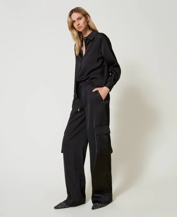 Pantalons Cargo | Pantalons Larges Et Palazzo*TWINSET Milano Pantalon Cargo En Satin Noir
