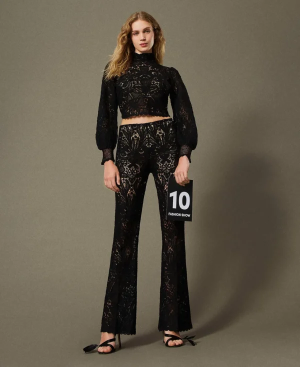 pantalon_en_maille_floral_0.webp Pantalons Élégants | Pantalons Droits Et Cigarette*TWINSET Milano Pantalon En Maille Florale Au Crochet Noir