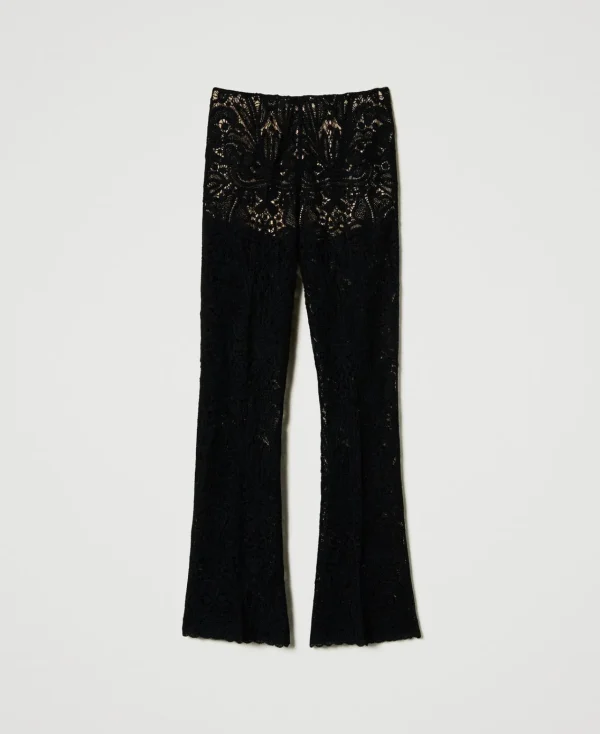 pantalon_en_maille_floral_1.webp Pantalons Élégants | Pantalons Droits Et Cigarette*TWINSET Milano Pantalon En Maille Florale Au Crochet Noir