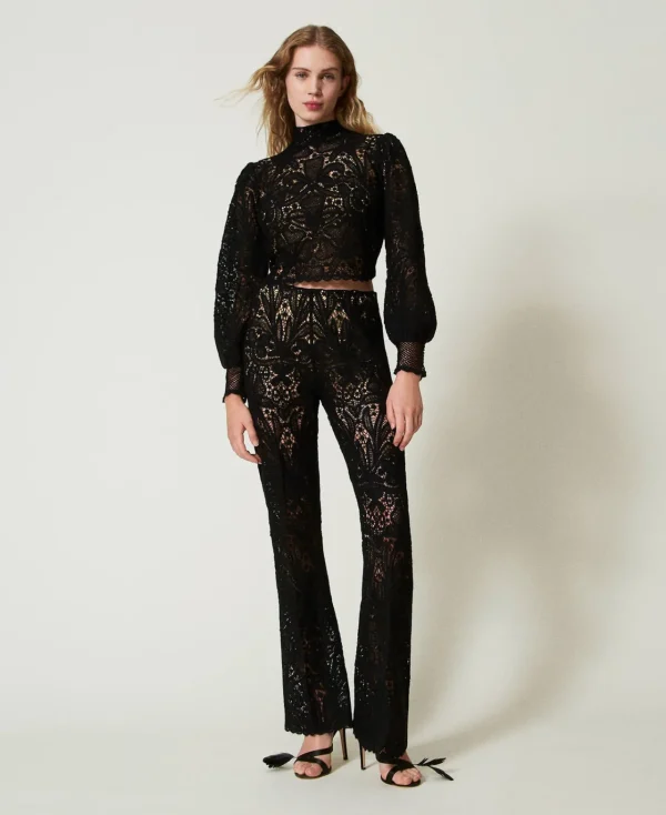 pantalon_en_maille_floral_2.webp Pantalons Élégants | Pantalons Droits Et Cigarette*TWINSET Milano Pantalon En Maille Florale Au Crochet Noir