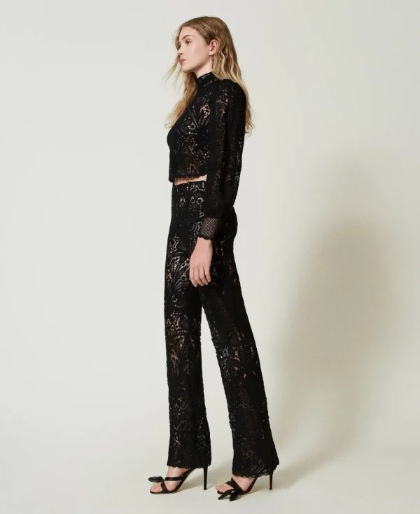 pantalon_en_maille_floral_3.webp Pantalons Élégants | Pantalons Droits Et Cigarette*TWINSET Milano Pantalon En Maille Florale Au Crochet Noir