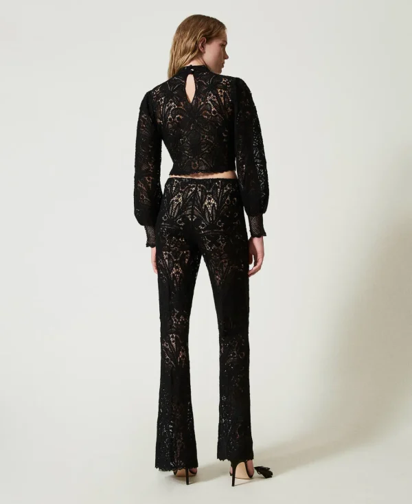 pantalon_en_maille_floral_4.webp Pantalons Élégants | Pantalons Droits Et Cigarette*TWINSET Milano Pantalon En Maille Florale Au Crochet Noir