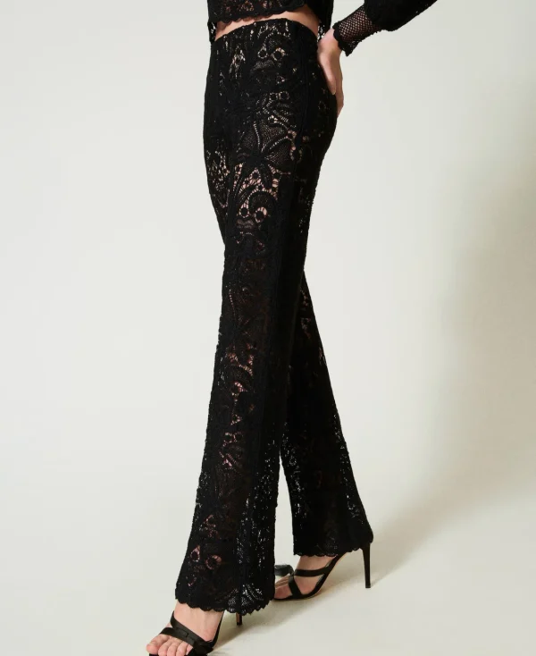 pantalon_en_maille_floral_5.webp Pantalons Élégants | Pantalons Droits Et Cigarette*TWINSET Milano Pantalon En Maille Florale Au Crochet Noir