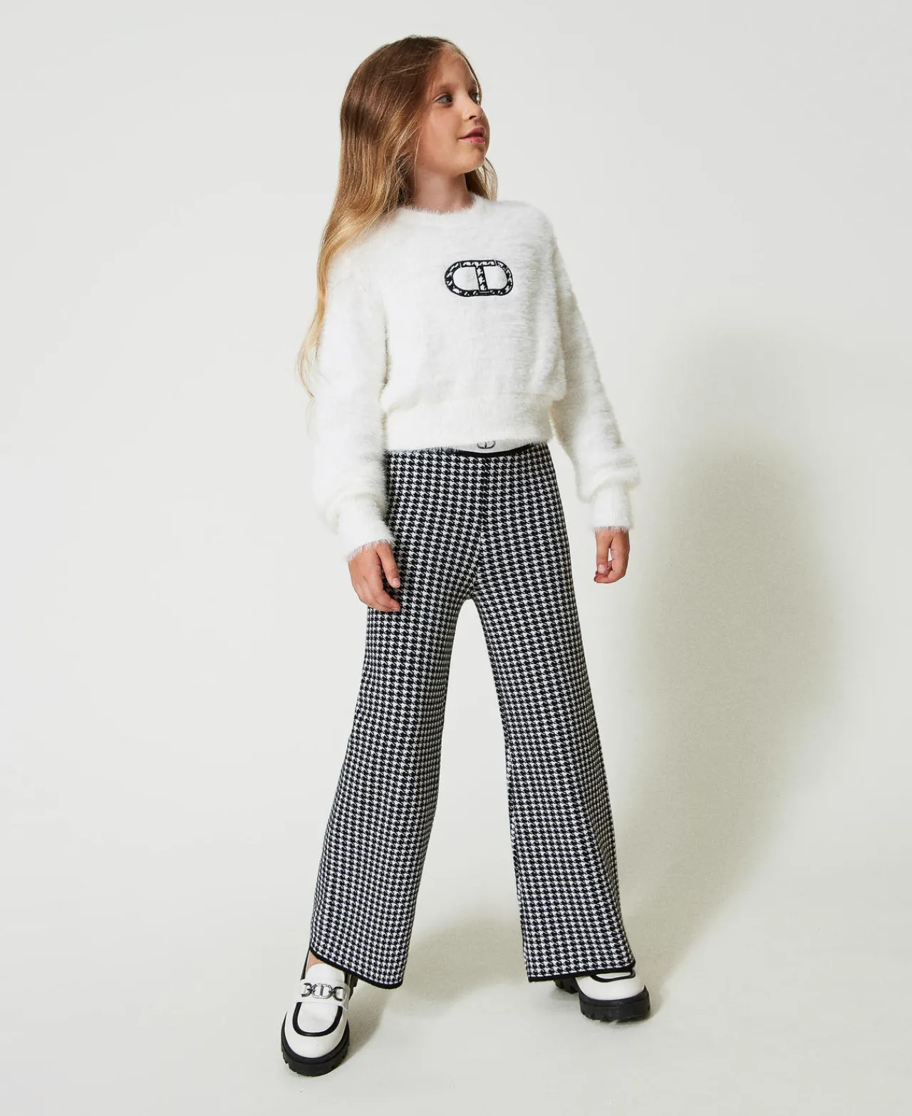 pantalon_en_maille_jacqua_0.webp Pantalons Et Jeans*TWINSET Milano Pantalon En Maille Jacquard Pied-de-poule Bicolore Blanc Cassé / Noir