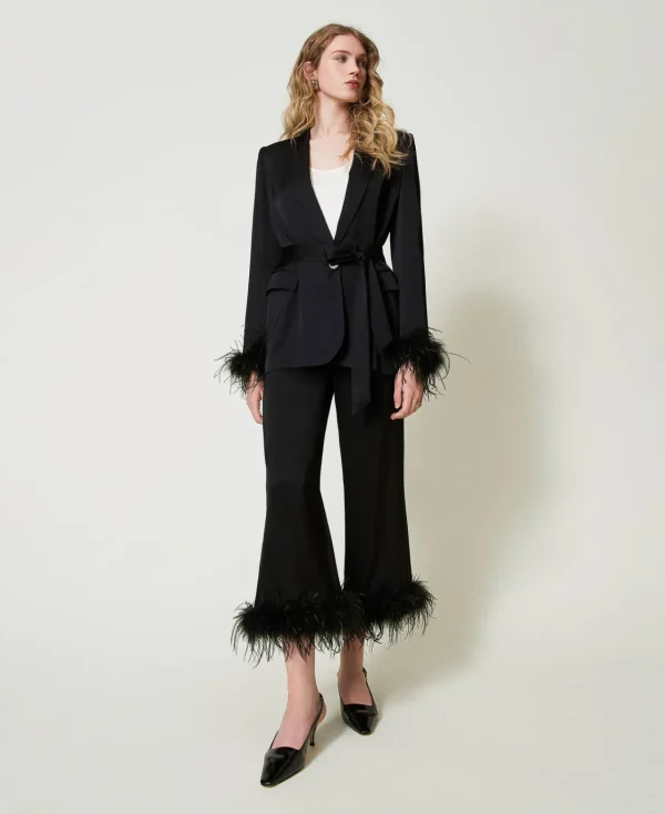 pantalon_en_satin_avec_pl_0.webp Pantalons Élégants | Pantalons Droits Et Cigarette*TWINSET Milano Pantalon En Satin Avec Plumes Noir