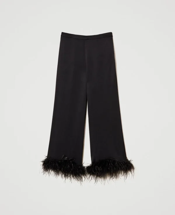 pantalon_en_satin_avec_pl_1.webp Pantalons Élégants | Pantalons Droits Et Cigarette*TWINSET Milano Pantalon En Satin Avec Plumes Noir
