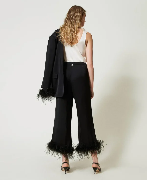 pantalon_en_satin_avec_pl_3.webp Pantalons Élégants | Pantalons Droits Et Cigarette*TWINSET Milano Pantalon En Satin Avec Plumes Noir