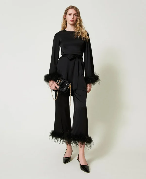 pantalon_en_satin_avec_pl_5.webp Pantalons Élégants | Pantalons Droits Et Cigarette*TWINSET Milano Pantalon En Satin Avec Plumes Noir