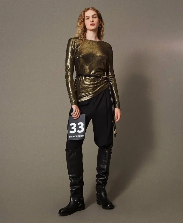 pantalon_en_serg_de_laine_0.webp Pantalons Élégants | Pantalons Droits Et Cigarette*TWINSET Milano Pantalon En Sergé De Laine Mélangée Noir