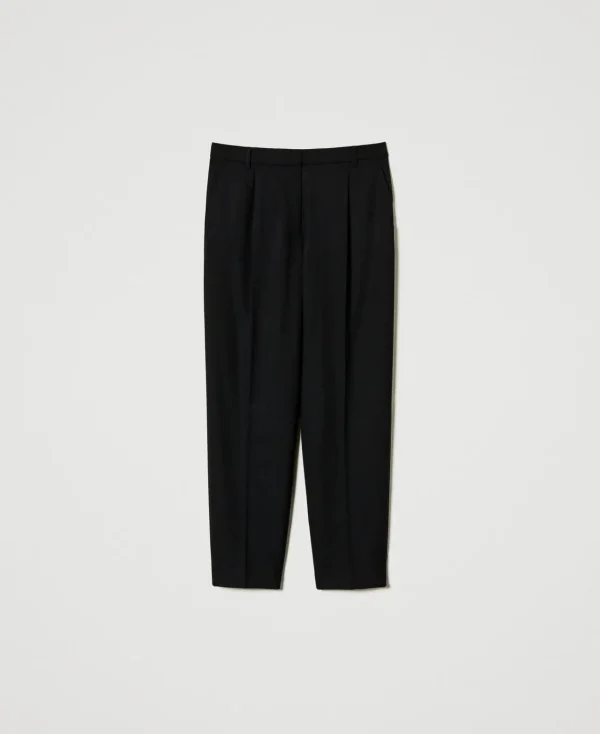 pantalon_en_serg_de_laine_1.webp Pantalons Élégants | Pantalons Droits Et Cigarette*TWINSET Milano Pantalon En Sergé De Laine Mélangée Noir