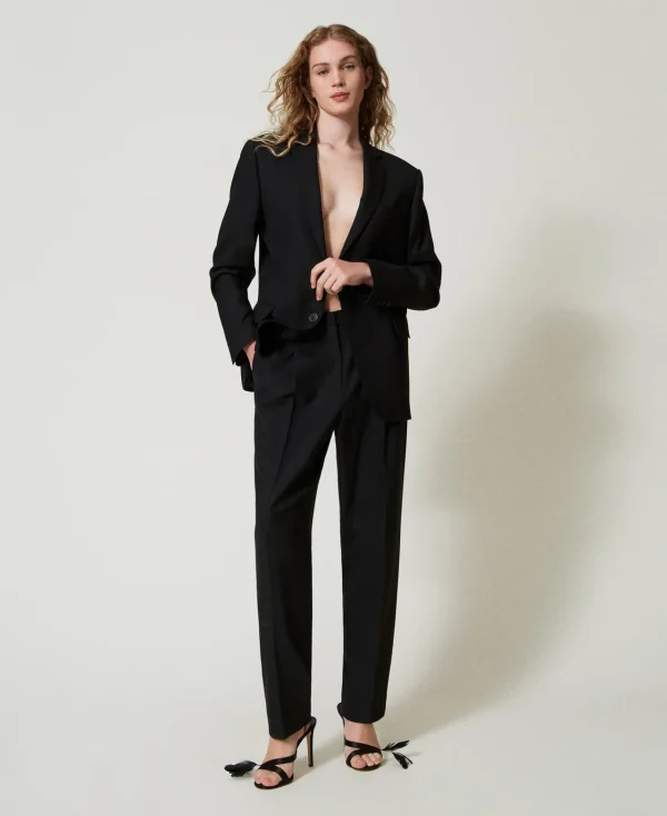 pantalon_en_serg_de_laine_2.webp Pantalons Élégants | Pantalons Droits Et Cigarette*TWINSET Milano Pantalon En Sergé De Laine Mélangée Noir