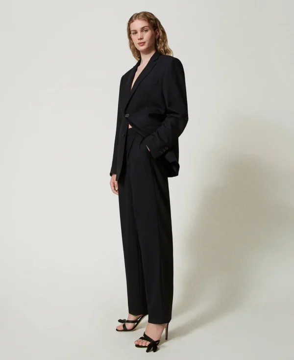 pantalon_en_serg_de_laine_3.webp Pantalons Élégants | Pantalons Droits Et Cigarette*TWINSET Milano Pantalon En Sergé De Laine Mélangée Noir