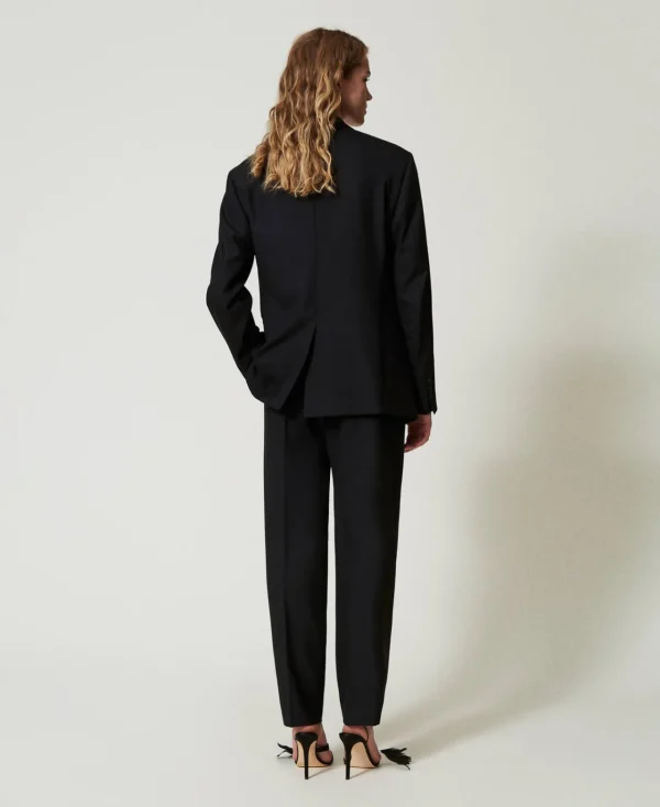 pantalon_en_serg_de_laine_4.webp Pantalons Élégants | Pantalons Droits Et Cigarette*TWINSET Milano Pantalon En Sergé De Laine Mélangée Noir