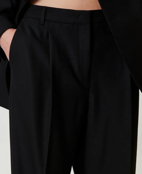 pantalon_en_serg_de_laine_5.webp Pantalons Élégants | Pantalons Droits Et Cigarette*TWINSET Milano Pantalon En Sergé De Laine Mélangée Noir