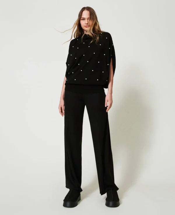 pantalon_palazzo_en_laine_0.webp Pantalons Larges Et Palazzo*TWINSET Milano Pantalon Palazzo En Laine Mélangée Noir