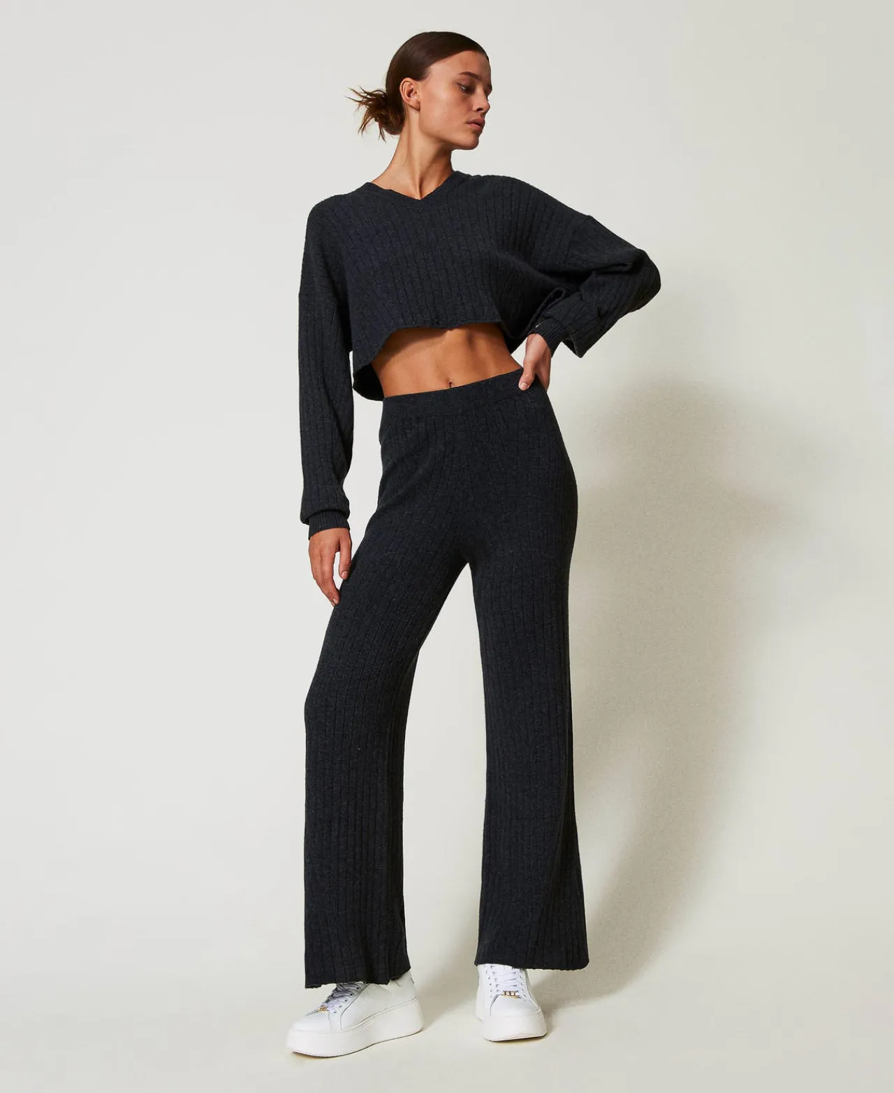 Pantalons Larges Et Palazzo*TWINSET Milano Pantalon Palazzo En Maille De Laine Mélangée Gris Anthracite Chiné