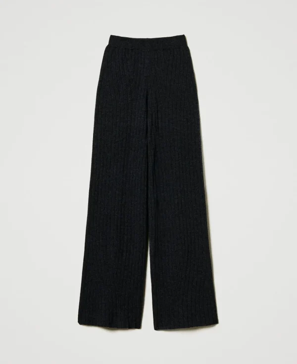 pantalon_palazzo_en_maill_1.webp Pantalons Larges Et Palazzo*TWINSET Milano Pantalon Palazzo En Maille De Laine Mélangée Gris Anthracite Chiné