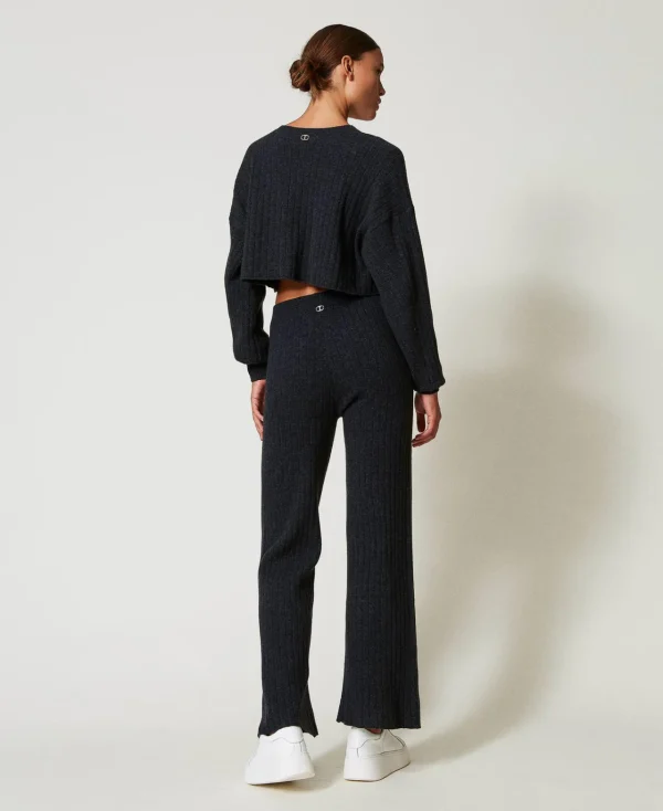 pantalon_palazzo_en_maill_3.webp Pantalons Larges Et Palazzo*TWINSET Milano Pantalon Palazzo En Maille De Laine Mélangée Gris Anthracite Chiné