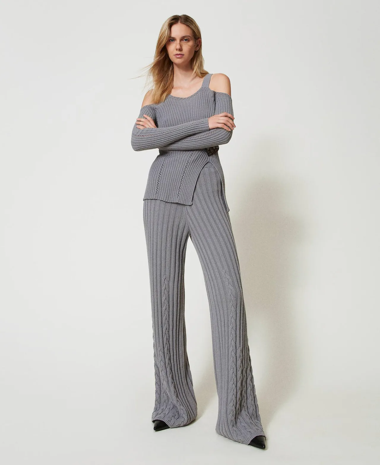 Pantalons Évasés*TWINSET Milano Pantalon évasé En Fil Treeblend Avec Torsades Gris Fumée Clair