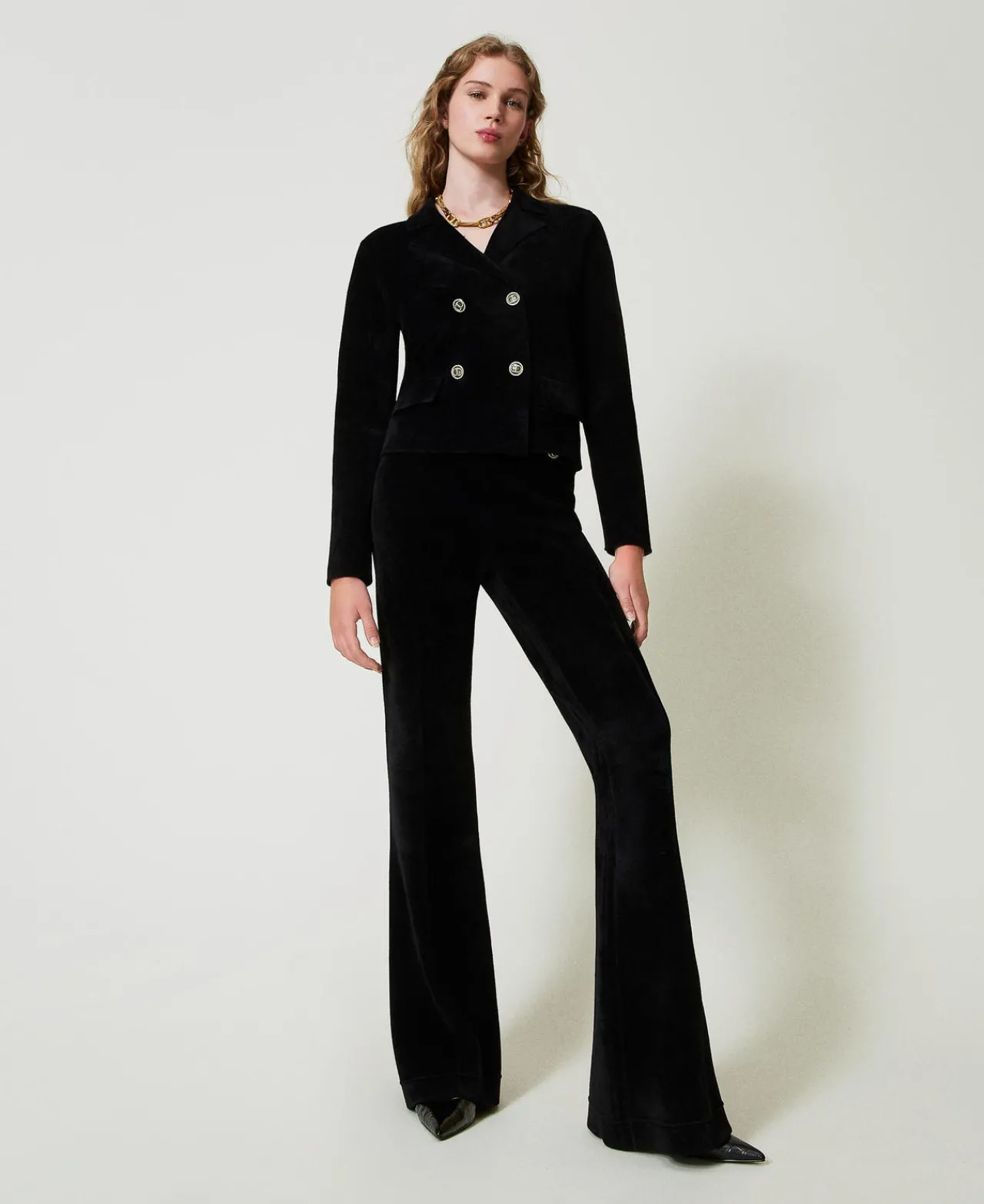 pantalon_vas_en_maille_av_0-1.webp Pantalons Élégants | Pantalons Évasés*TWINSET Milano Pantalon évasé En Maille Avec Boutons Oval T Noir