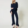 pantalon_vas_en_maille_av_0.webp Pantalons Évasés*TWINSET Milano Pantalon évasé En Maille Avec Volant Indigo