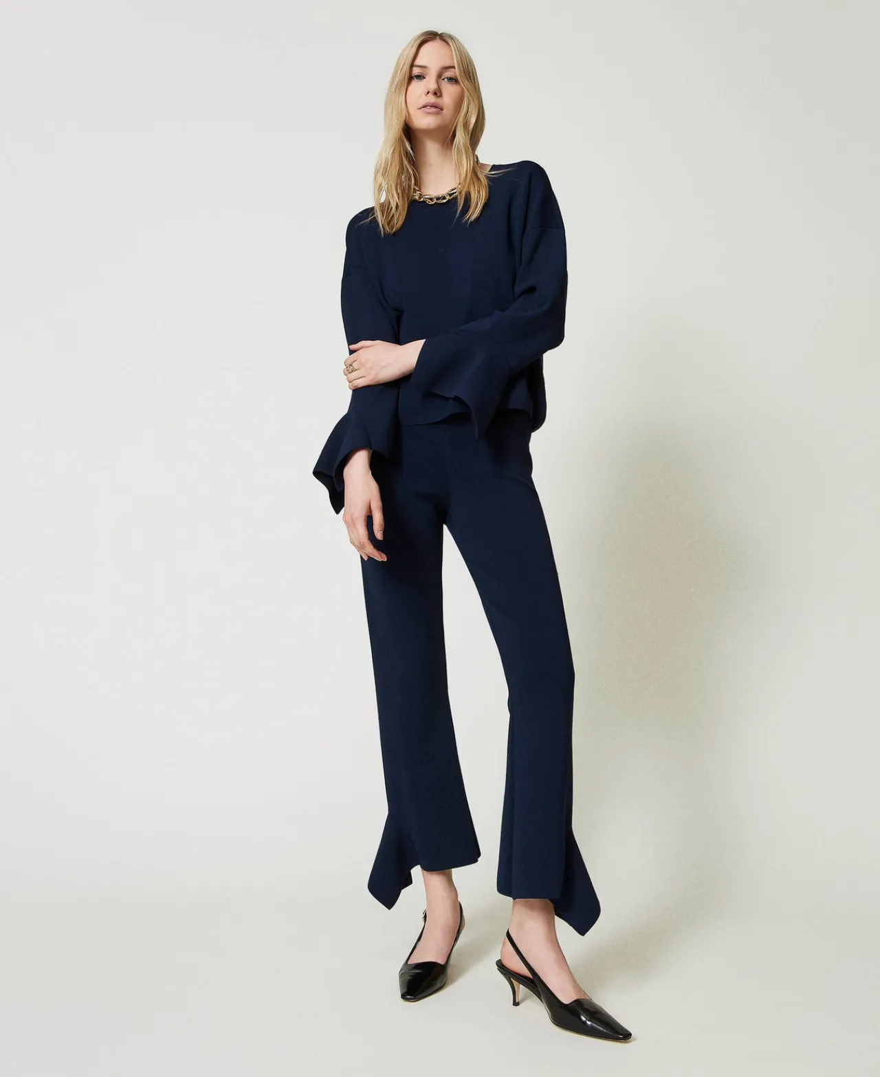 Pantalons Évasés*TWINSET Milano Pantalon évasé En Maille Avec Volant Indigo