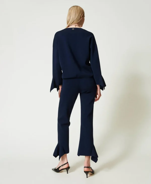 pantalon_vas_en_maille_av_3.webp Pantalons Évasés*TWINSET Milano Pantalon évasé En Maille Avec Volant Indigo