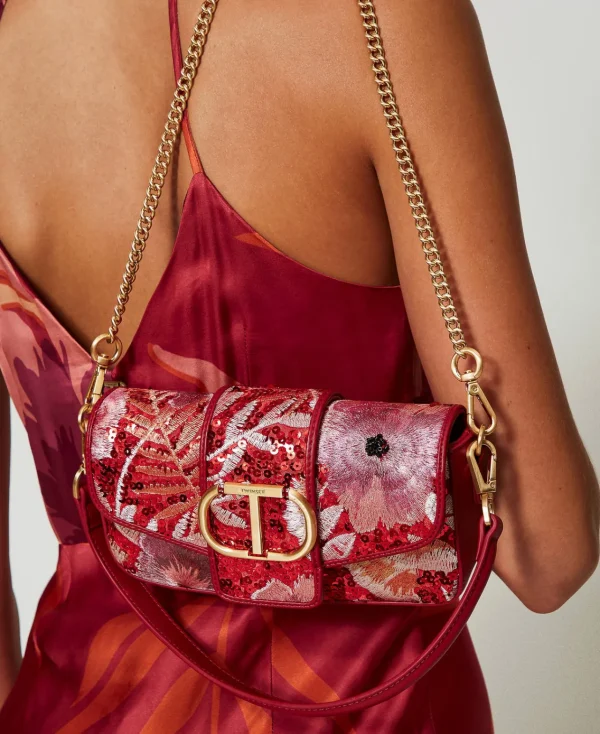 petit_sac__bandoulire_ami_1-2.webp Sacs Porté Épaule | Sacs À Bandoulière*TWINSET Milano Petit Sac à Bandoulière «Amie» Avec Broderie Grandes Fleurs Rouge/Red Plum