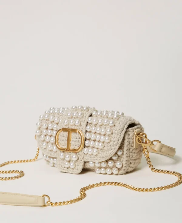Sacs Porté Épaule | Sacs À Bandoulière*TWINSET Milano Petit Sac à Bandoulière «Amie» En Crochet Avec Perles Blanc « Old White »