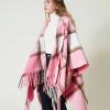 poncho_en_drap_avec_frang_2.webp Ponchos*TWINSET Milano Poncho En Drap Avec Franges Multicolore Carreau Rose « Crystal Pink »