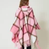 poncho_en_drap_avec_frang_3.webp Ponchos*TWINSET Milano Poncho En Drap Avec Franges Multicolore Carreau Rose « Crystal Pink »