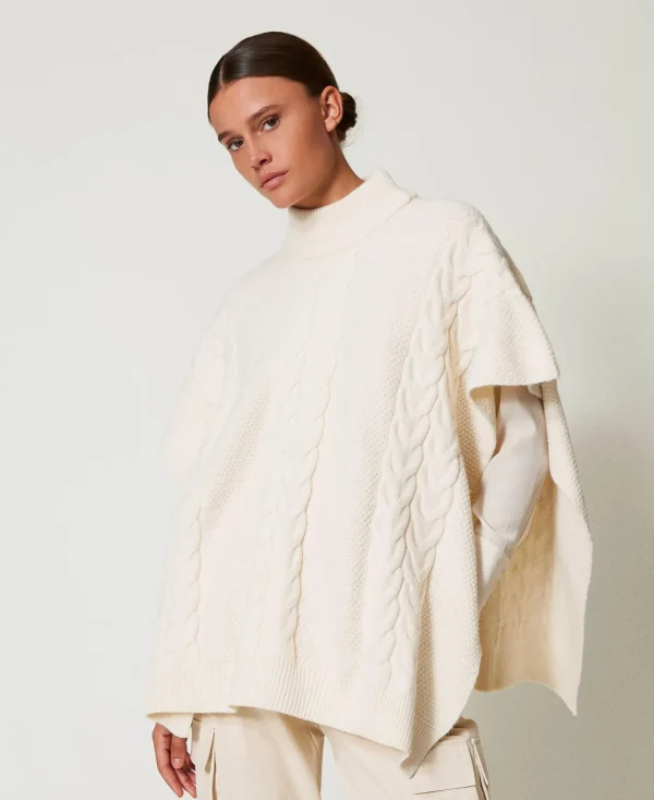 Ponchos*TWINSET Milano Poncho En Maille Avec Torsades Blanc Antique White