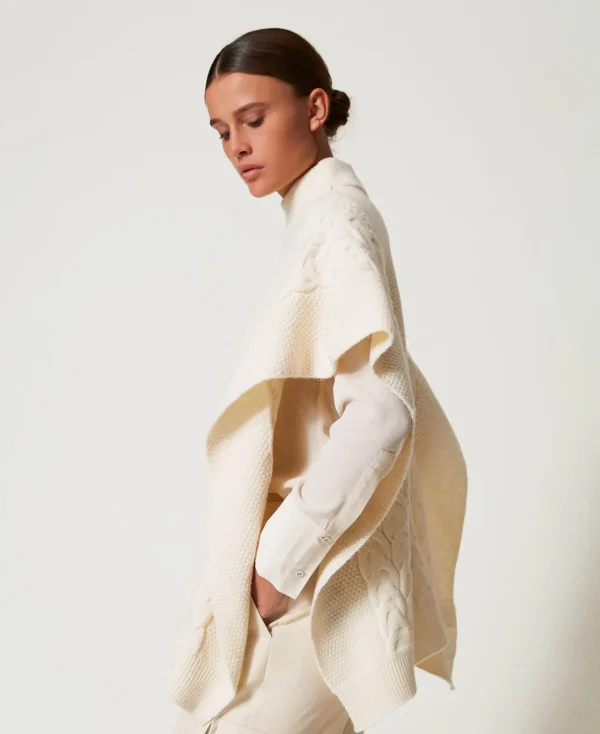 Ponchos*TWINSET Milano Poncho En Maille Avec Torsades Blanc Antique White