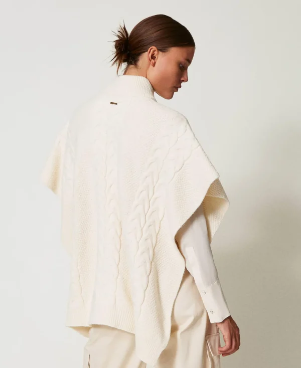 Ponchos*TWINSET Milano Poncho En Maille Avec Torsades Blanc Antique White