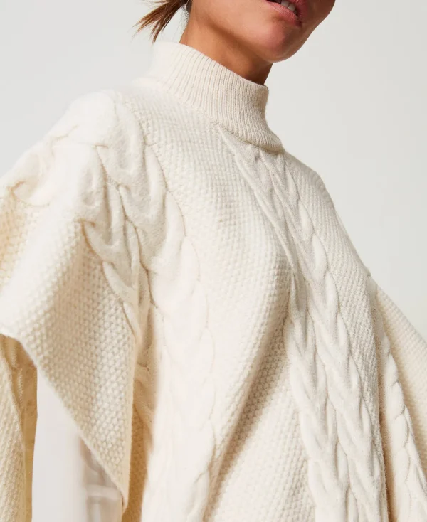 Ponchos*TWINSET Milano Poncho En Maille Avec Torsades Blanc Antique White