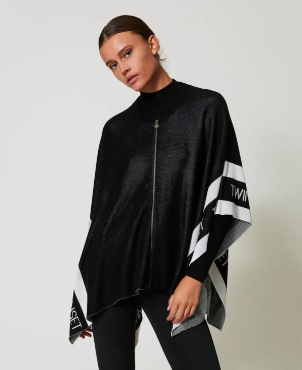poncho_en_maille_jacquard_0.webp Ponchos*TWINSET Milano Poncho En Maille Jacquard Avec Logo Noir