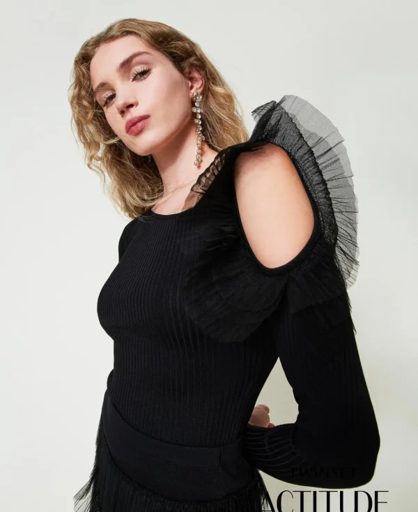 Pulls Et Cardigans*TWINSET Milano Pull Ajusté Avec Ajour Et Tulle Noir